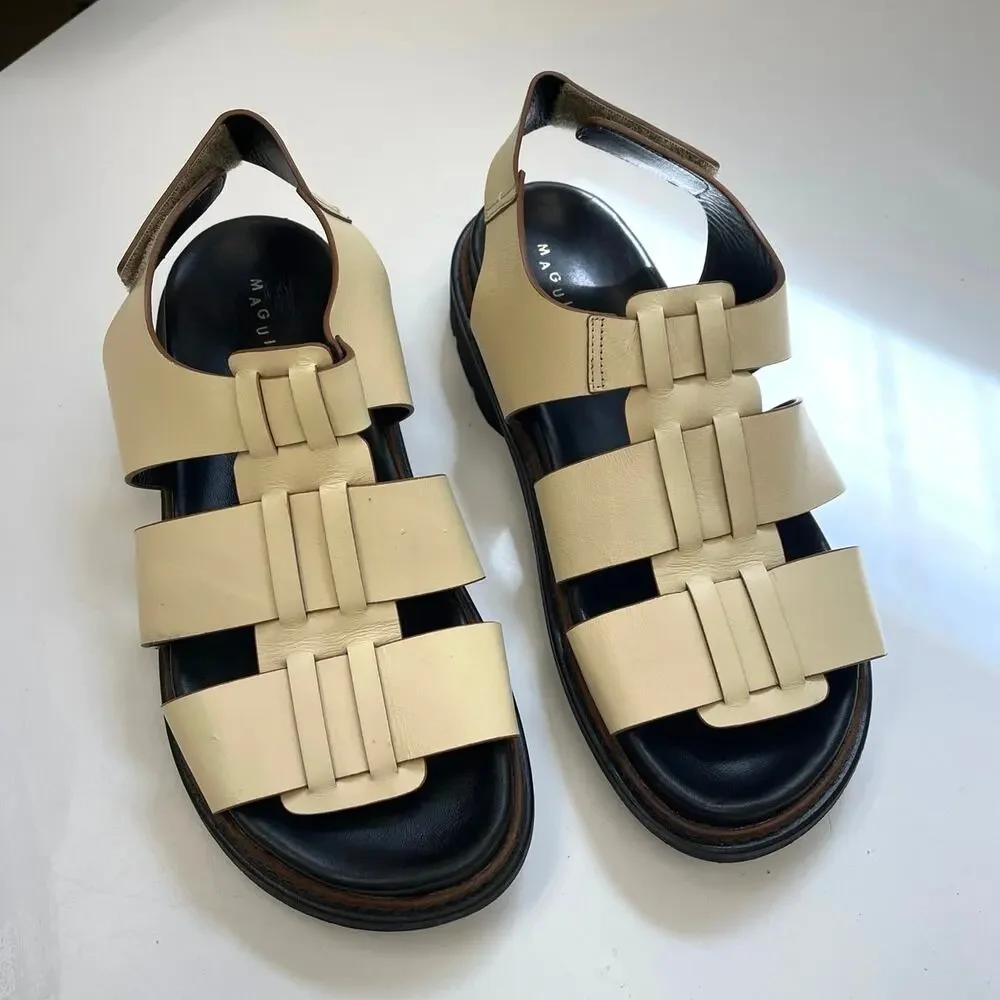 Maguire Leather Fisherman Caged Chunky Open Toe Sandals Velcro Cream - Size 40
